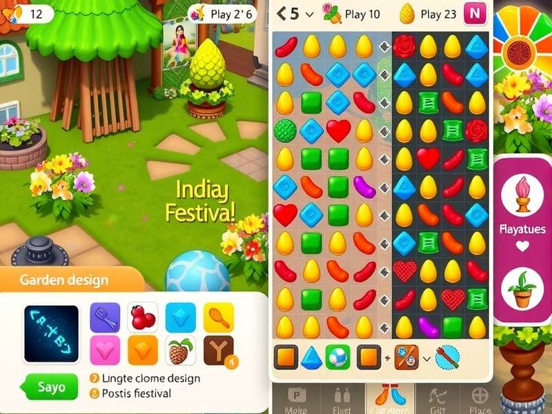 Gardenscapes Garden Delight gameplay screenshot showing colorful match-3 puzzles and garden design
